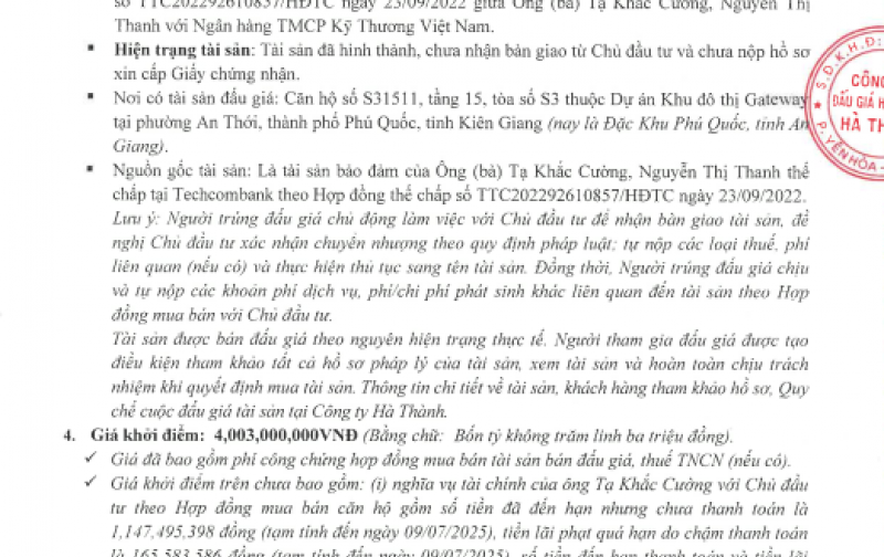 CÔNG TY ĐGHD HÀ THÀNH TB BĐG TSBĐ CỦA TCB - ĐẤT An Thới, TP.Phú Quốc, Kiên Giang